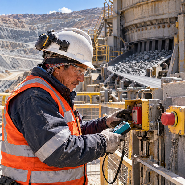 A mining professional inspects a safety device beside the primary crusher and ore conveyor.