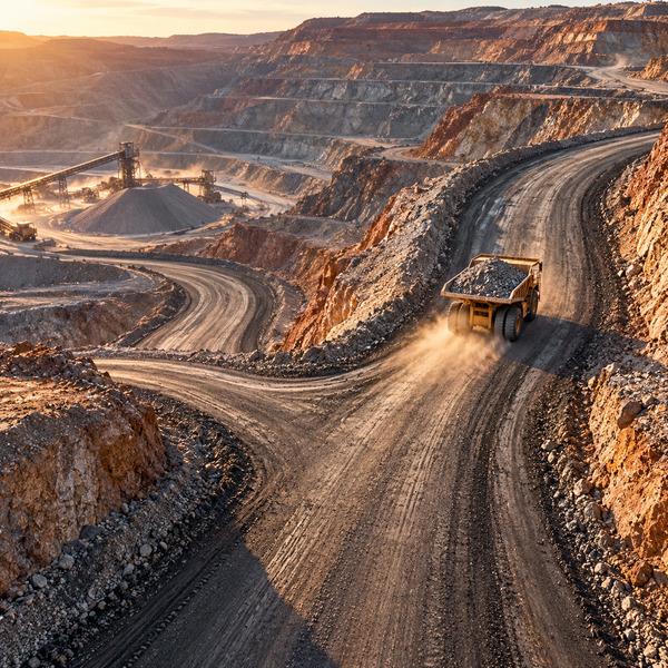 An elevated view shows a haul truck moving along the selected route between mine roads, benches and mineral stockpiles.