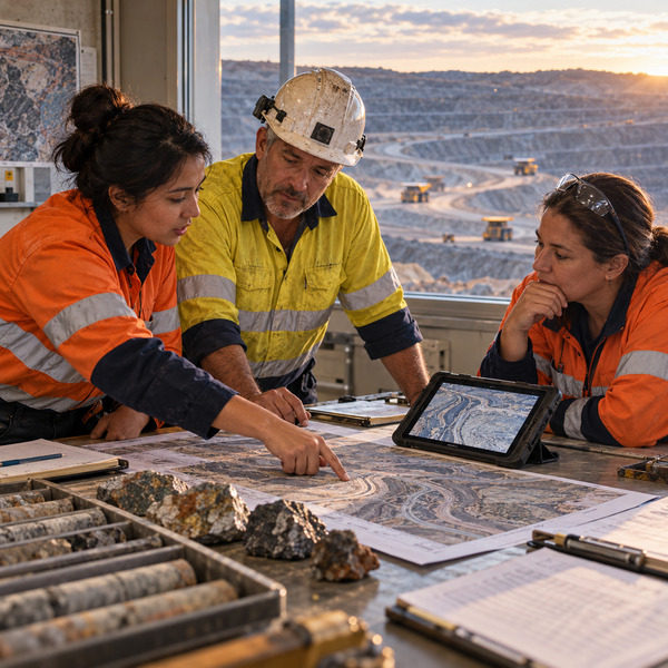 Three mining professionals compare a route map, operational records, a tablet and rock samples with the open pit in the background.