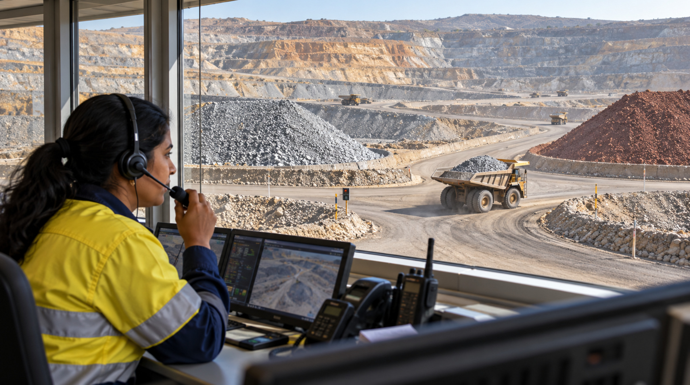 Control room worker in yellow high-vis gear uses a headset and monitors while overlooking an open-pit mine with terraced rock walls, haul trucks, and ore piles.