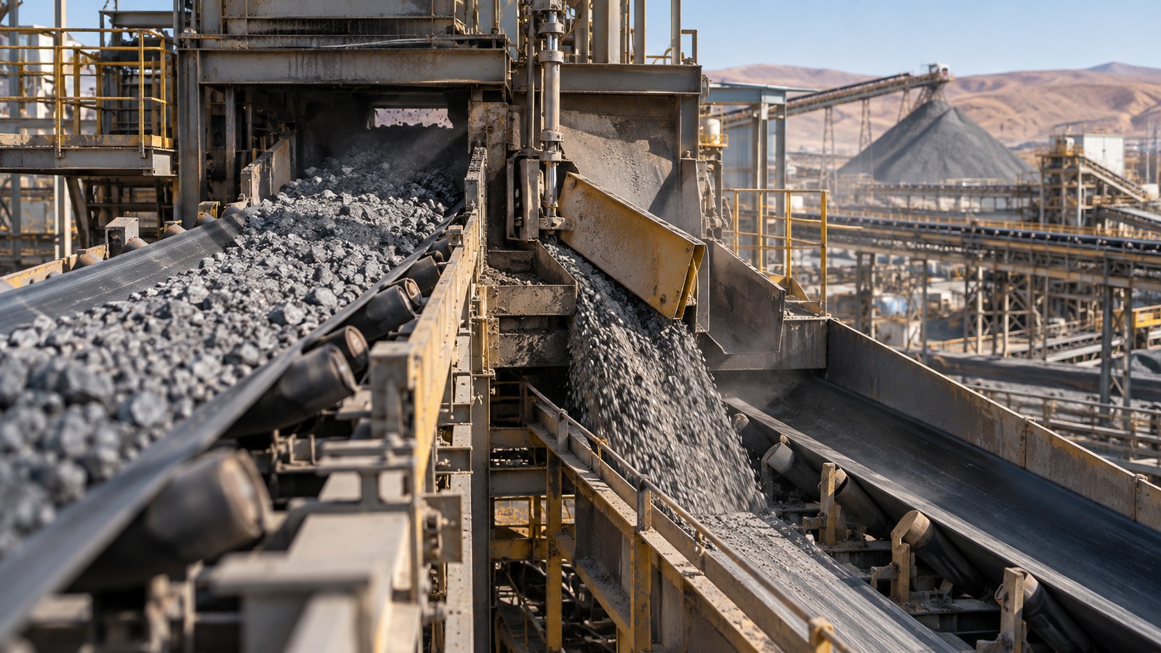 Crushed ore is transported through an industrial mining processing facility using interconnected conveyor belts and transfer chutes. The image shows material flowing between conveyors, with processing equipment, stockpiles, and arid mountainous terrain visible in the background, illustrating large-scale mineral handling operations.