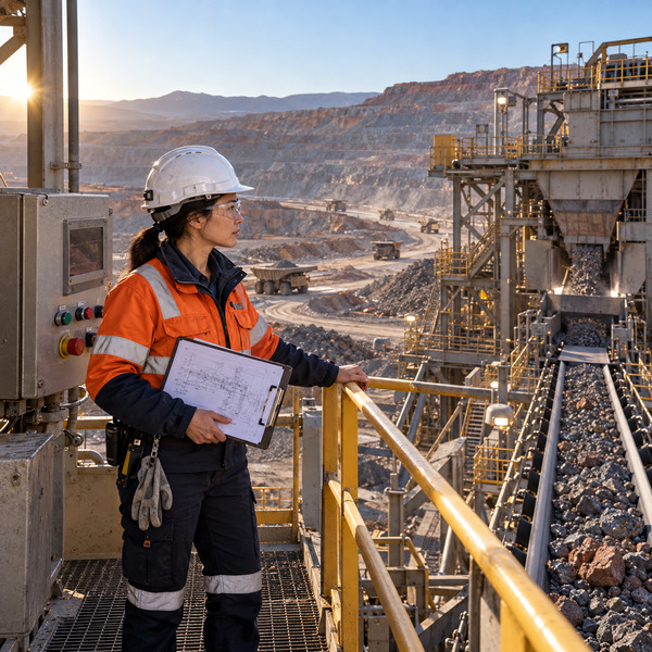 Mining specialist reviews a process schematic beside a local control station overlooking an open-pit mine and ore conveyor.