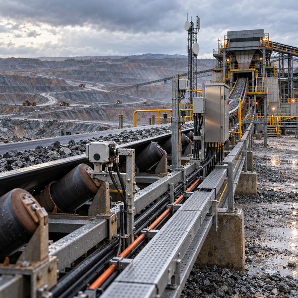 Sensors, control cabinets, protected cabling and communications infrastructure follow an ore conveyor through an open-pit mine.