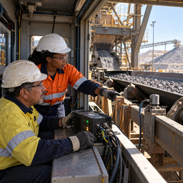 Two mining professionals inspect diagnostic equipment beside an operating conveyor and field instrumentation.
