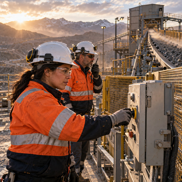 Mine workers operate a weatherproof local control panel while confirming conditions around an ore conveyor.
