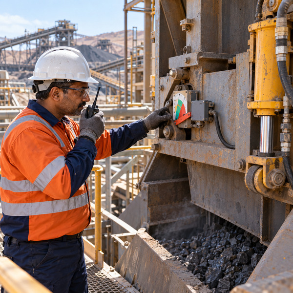 Field technician checks the mechanical position indicator and hydraulic actuator on an ore chute while coordinating by radio.