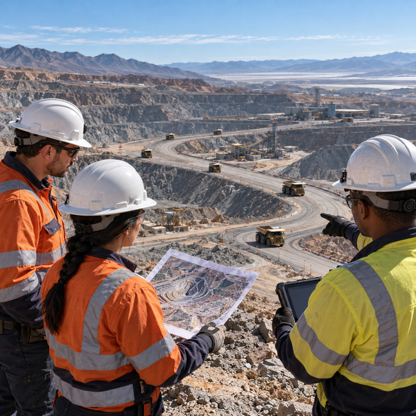 Mining professionals compare an operating map with the haul routes and active equipment visible across an open-pit mine.