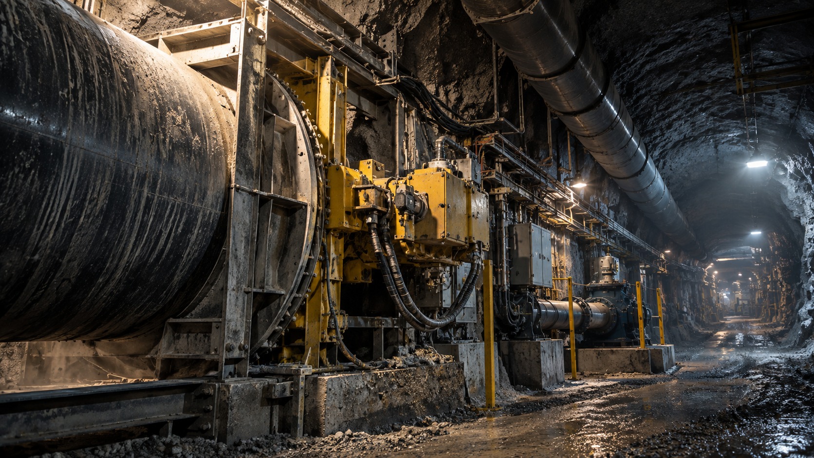 Large-scale industrial equipment installed inside an underground mining tunnel, featuring heavy machinery, ventilation systems, pipelines, and rugged rock walls. The scene highlights mining infrastructure designed to support safe and efficient underground operations in a challenging environment.