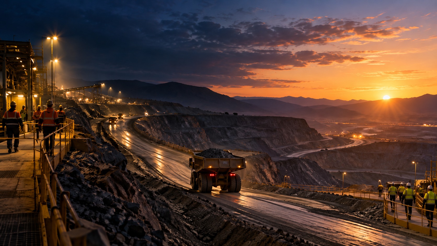 Open-pit mining operation at sunrise featuring haul trucks traveling along winding pit roads, illuminated industrial infrastructure, and workers moving across elevated walkways. The image highlights continuous mining operations, operational coordination, and decision-making across shifts in a large-scale mining environment.