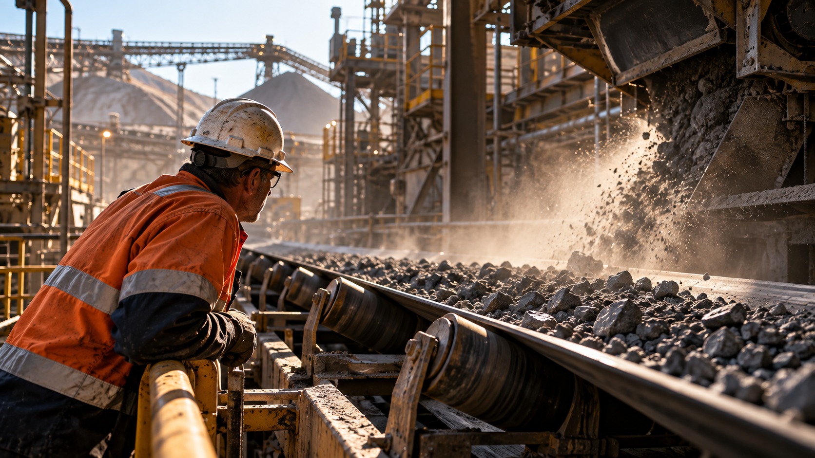 Mining operations specialist inspecting ore material on a conveyor belt inside a mineral processing facility, with crushers, conveyors, and industrial infrastructure visible in the background as rock is transferred between processing stages.