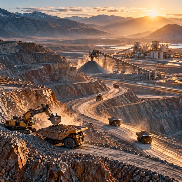 Aerial view of an open-pit mine showing excavators, haul trucks, winding roads, the crusher and the processing plant.
