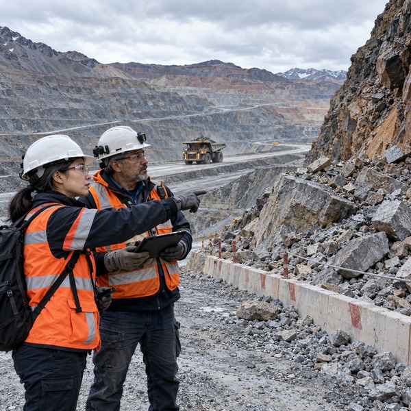Field team assessing a restricted ore source and open haul route.