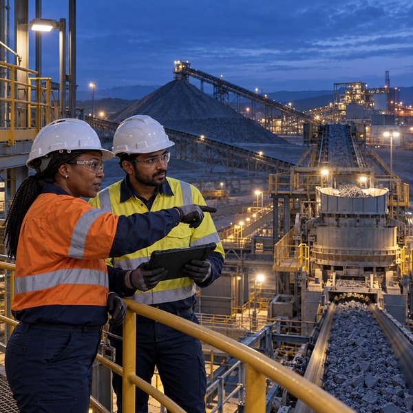 Two mining professionals review ore moving through conveyors and the primary crusher during the pre-dawn shift.