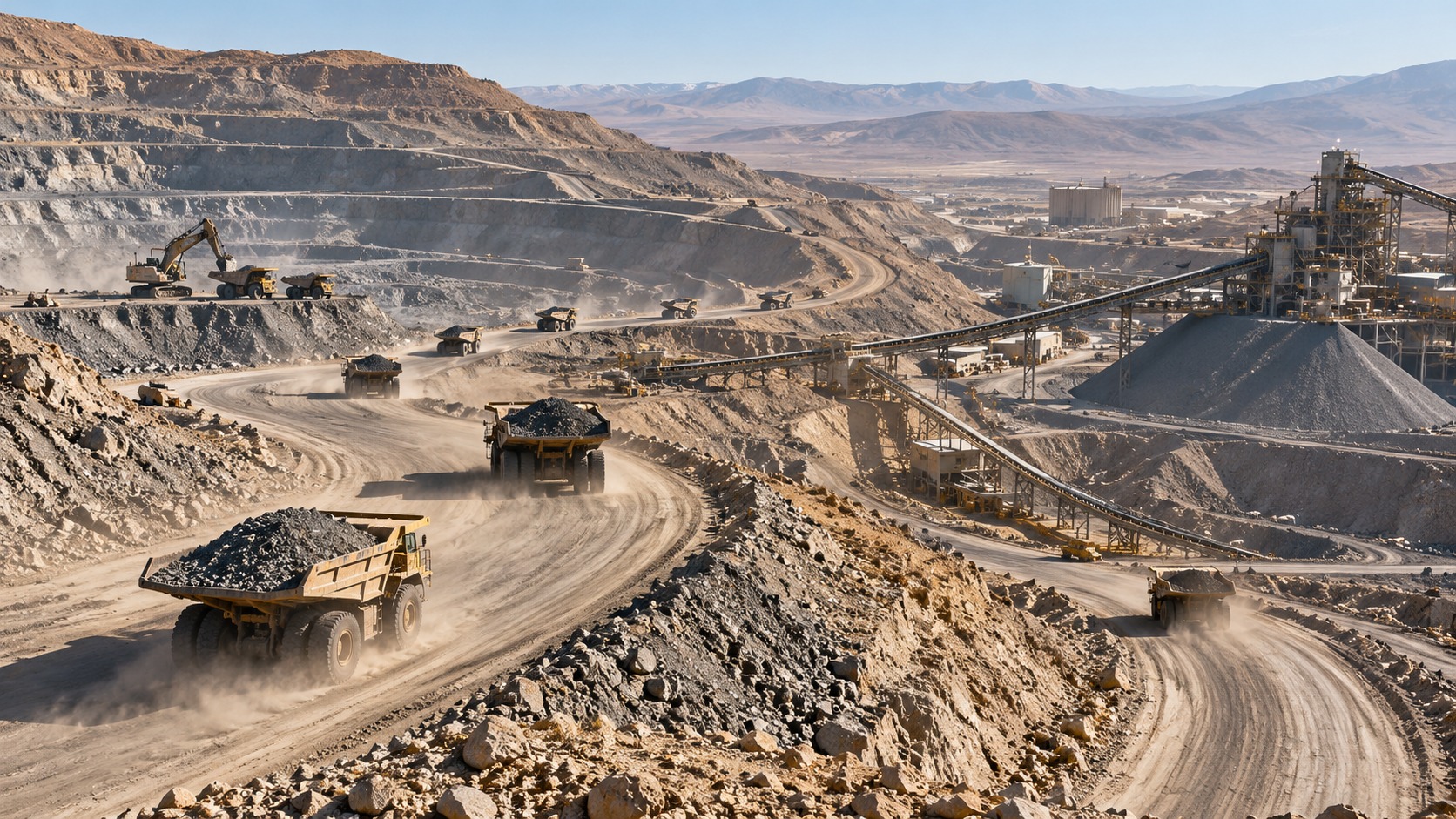 Large-scale open-pit mining operation with multiple haul trucks transporting ore along winding haul roads, excavators loading material on terraced mine benches, and conveyor systems connecting the pit to mineral processing facilities in a mountainous desert landscape.