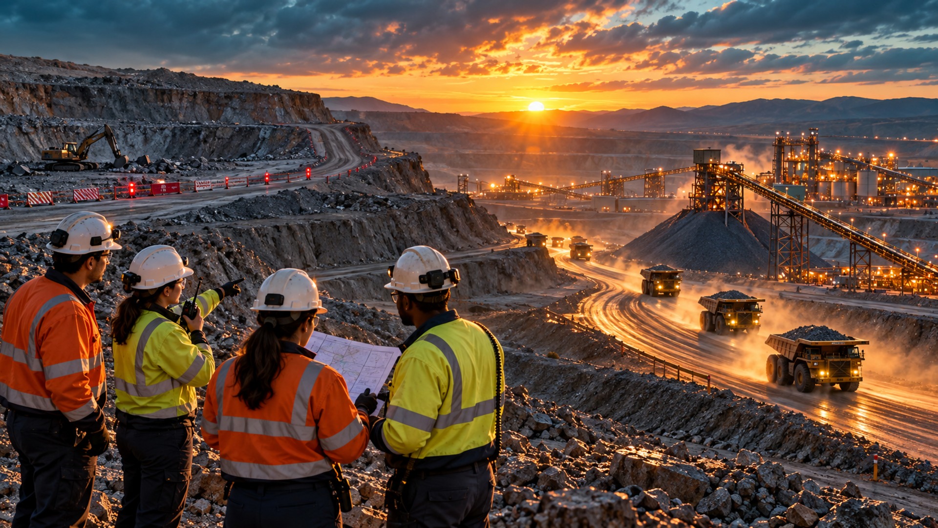 A field team overlooks an open-pit mine where an alternate haul route keeps material moving from ore source to crusher and plant.
