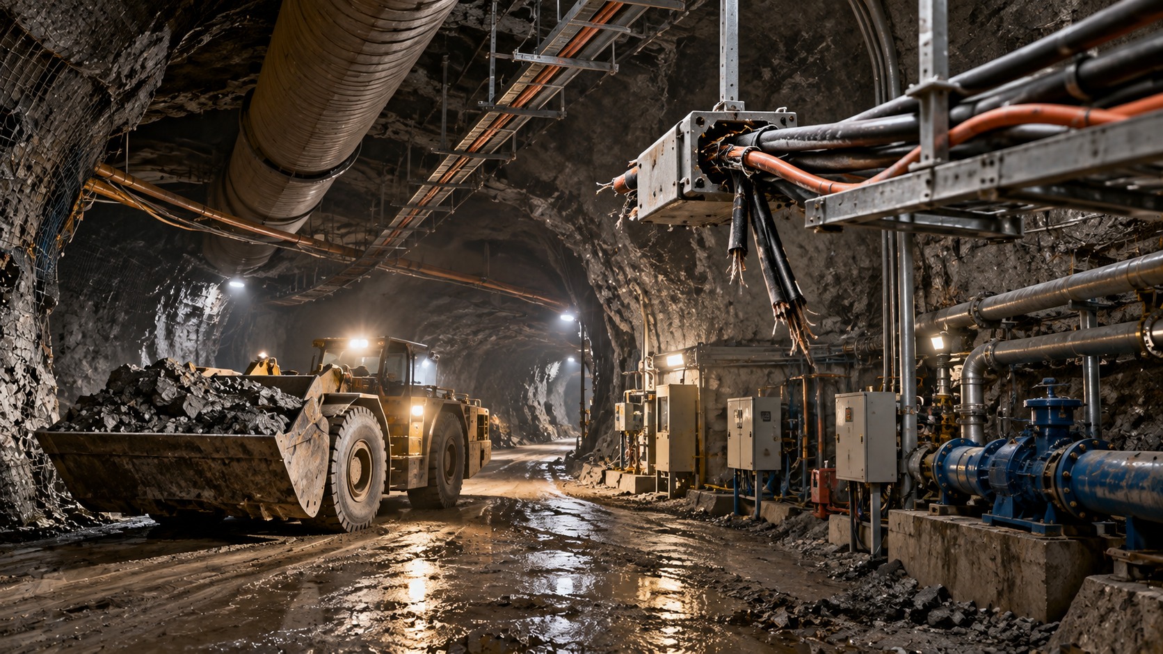 Underground mine tunnel with a loader vehicle, ventilation systems, power cables, pipelines, and operational infrastructure supporting mining activities.