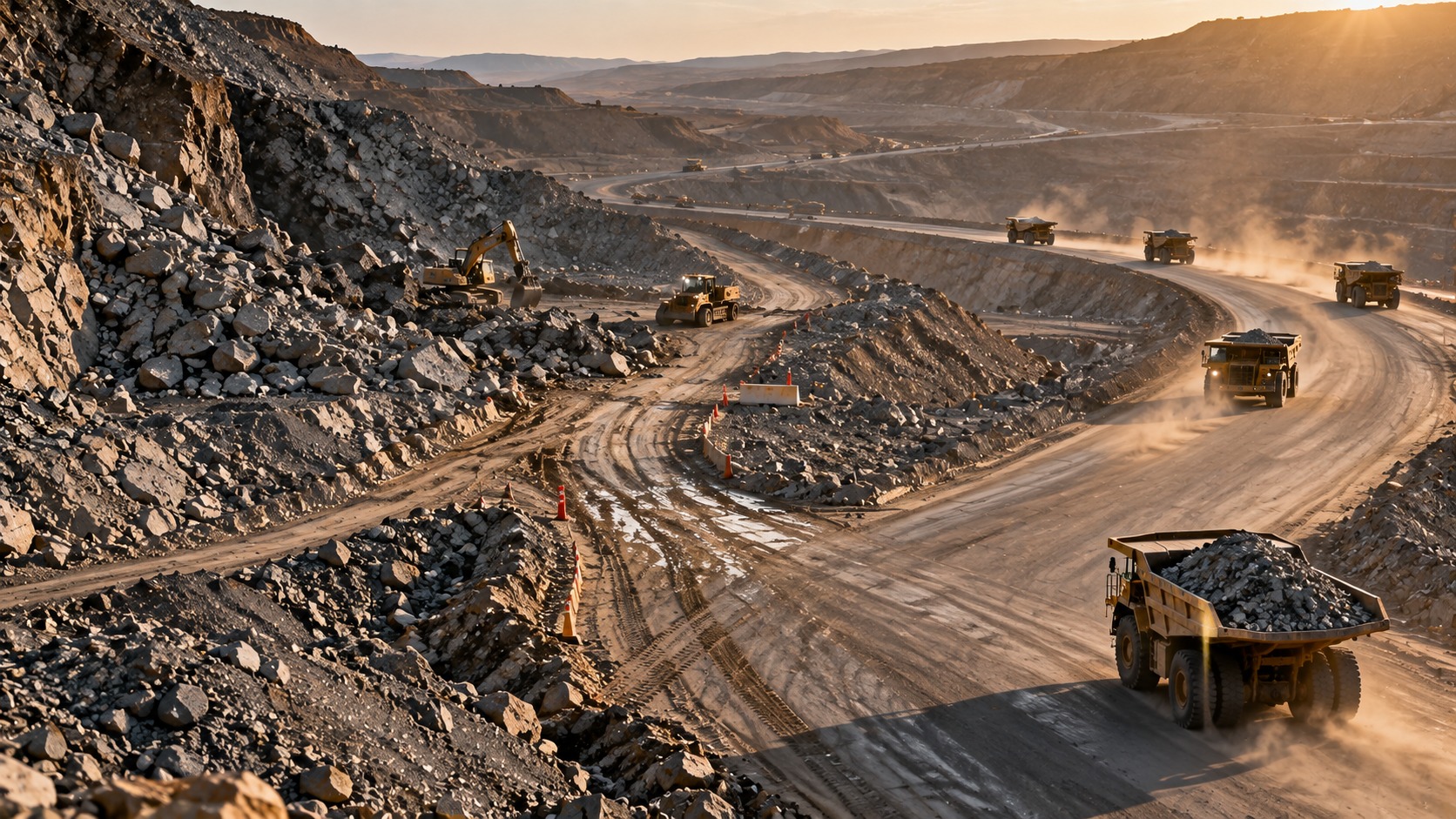 Wide-angle view of an active open-pit mine at sunrise, featuring multiple haul trucks traveling along winding haul roads, an excavator loading rock, and terraced mining benches extending across the landscape. Dust trails and heavy equipment highlight large-scale mining operations and material transportation.