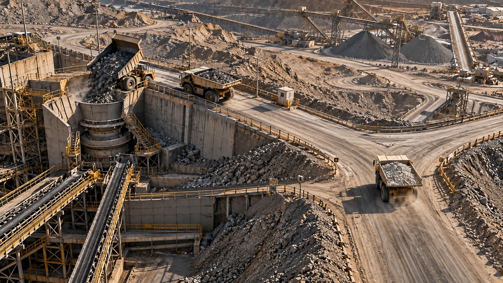 Large-scale open-pit mining operation showing haul trucks transporting and unloading ore into a primary crusher. Conveyor systems, processing infrastructure, and winding haul roads are visible across the mining site, illustrating material handling and mineral processing activities in an industrial mining environment.