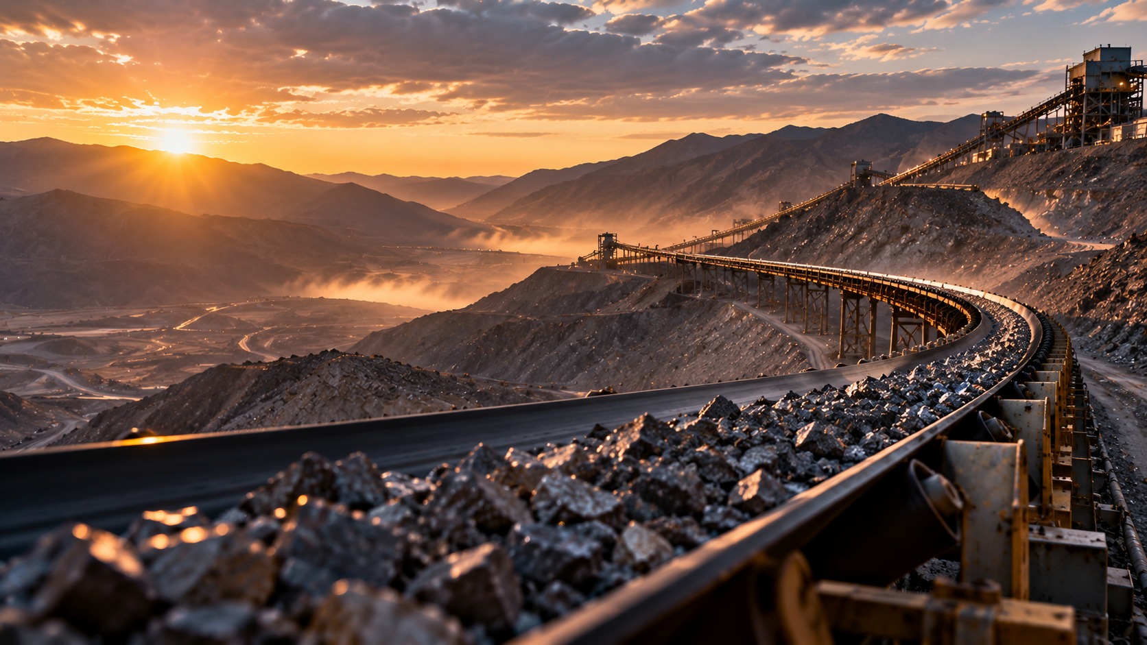 A long conveyor belt transports mined ore through a large open-pit mining operation in a mountainous landscape at sunrise. Golden sunlight illuminates the rugged terrain, dust-filled valley, and extensive conveyor infrastructure stretching across the mine.