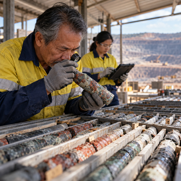 Geologist Examining Drill Core at a Mine Logging Shelter