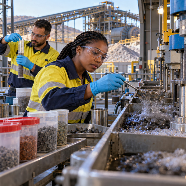 Mine and Plant Team Comparing Ore Samples and Process Trade-offs
