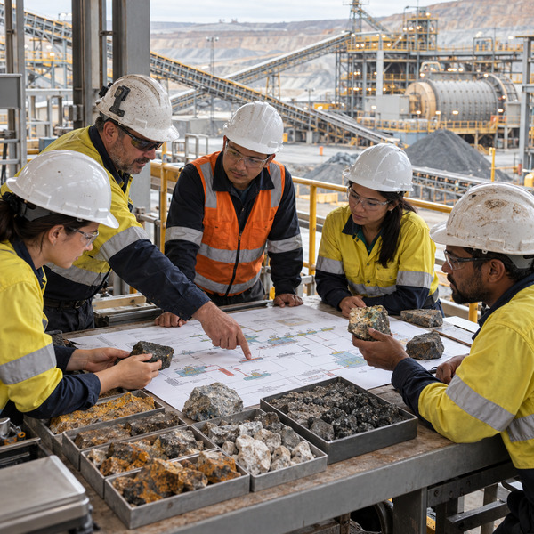 Mine and Plant Team Comparing Ore Samples and Process Trade-offs
