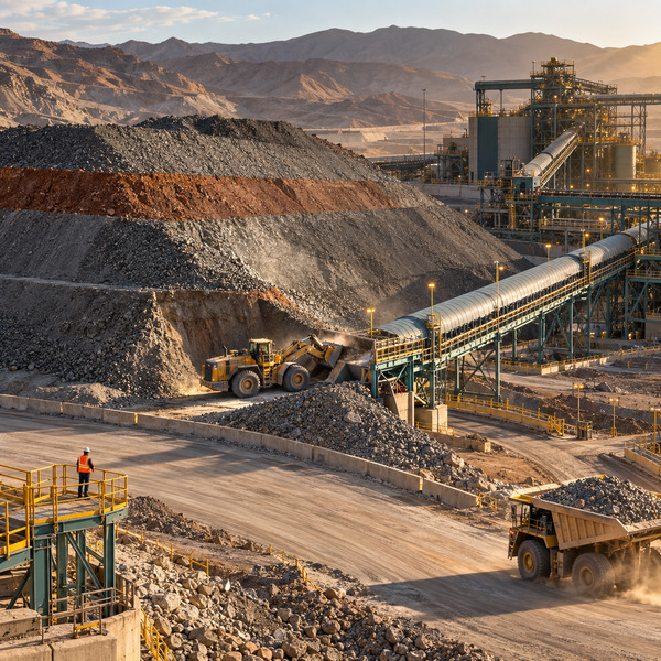 Layered Ore Stockpile Feeding the Mine-to-Plant Conveyor