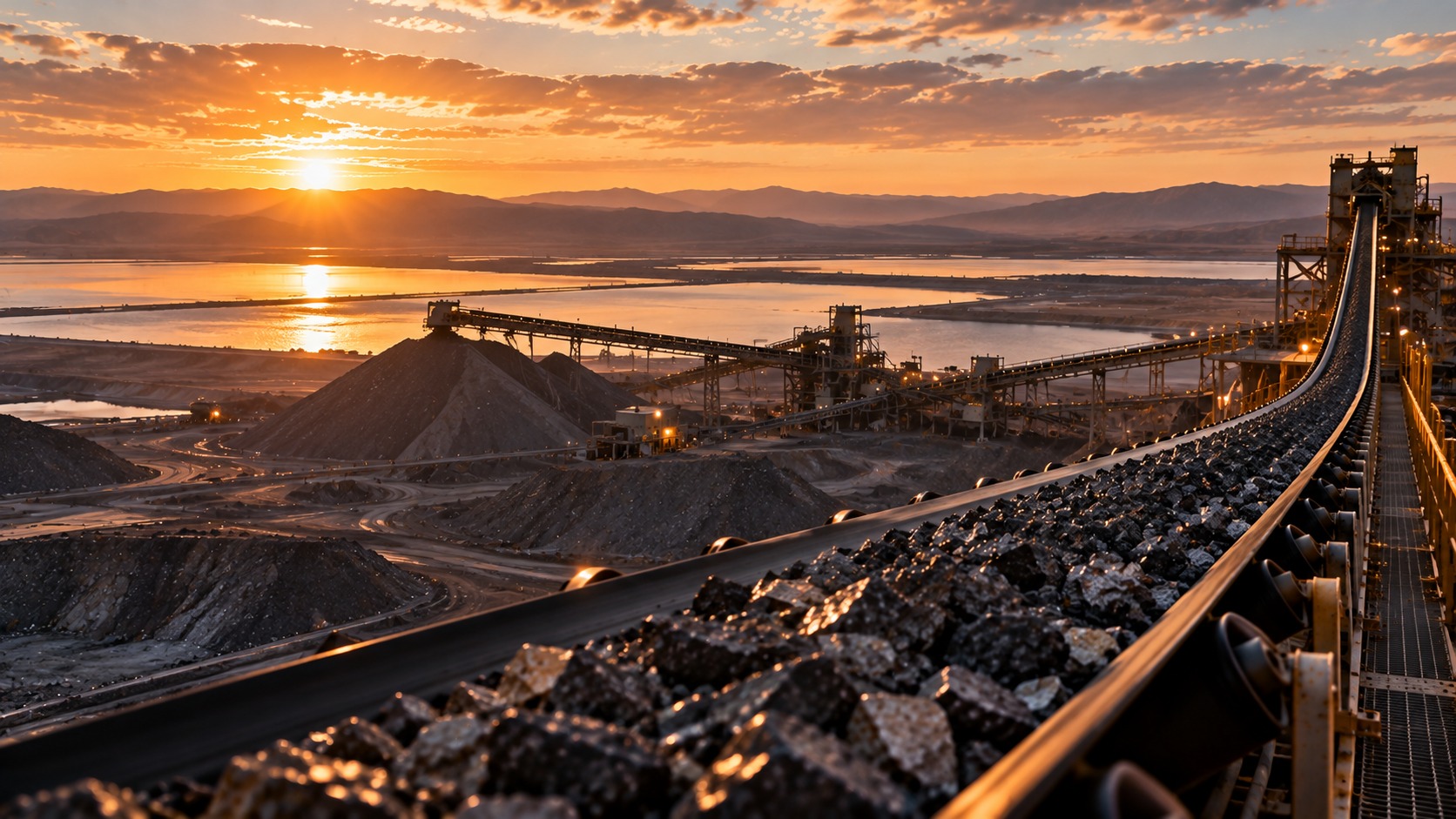 A panoramic view of an open-pit mining operation at sunset, featuring a large conveyor belt transporting ore across the site. Industrial processing infrastructure, stockpiles of mined material, reflective water reservoirs, and distant mountain ranges are illuminated by warm golden light under a dramatic cloud-filled sky.