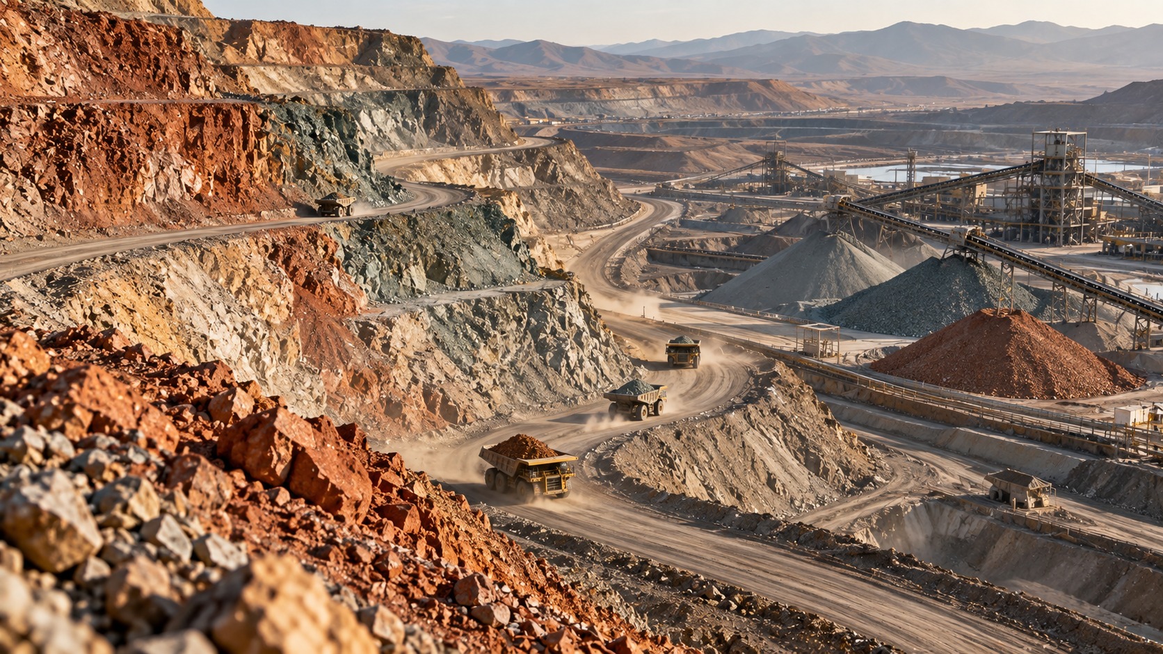 Open-Pit Mining Operations with Haul Trucks and Processing Infrastructure