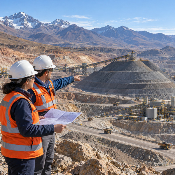 Mine Operations Specialists Overlooking a Strategic Ore Stockpile