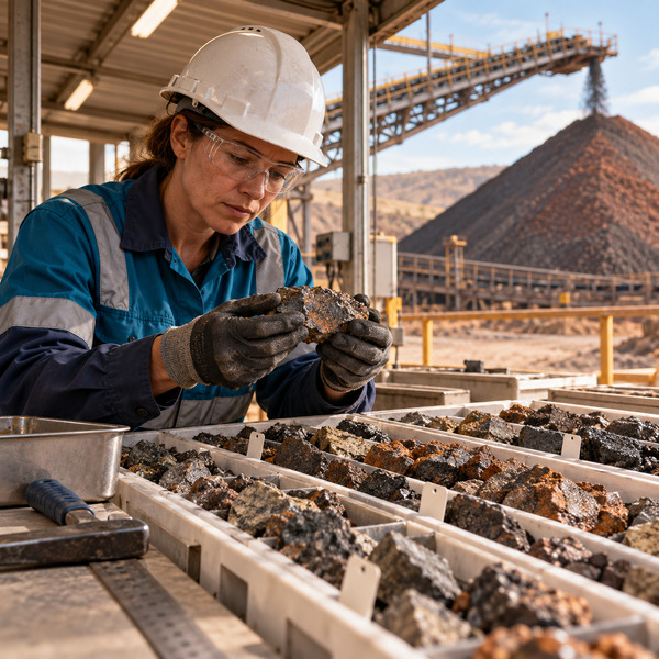 Geologist Examining Ore Samples Beside the Stockpile Conveyor