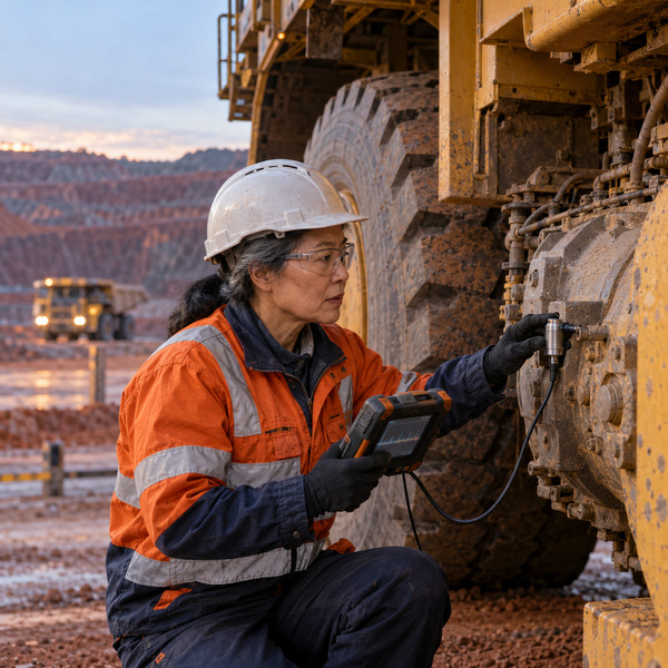 Reliability engineer inspecting a haul truck drivetrain sensor