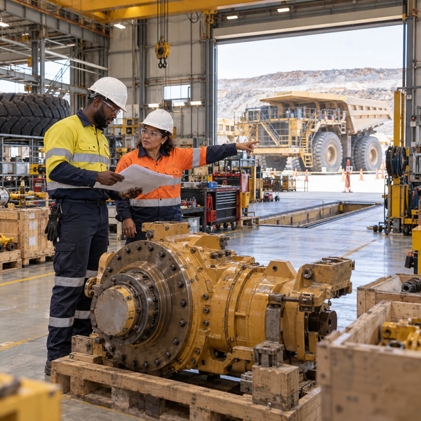 Maintenance team preparing a drivetrain and service bay