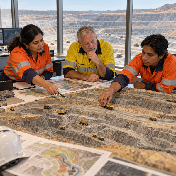 Mine planners comparing haul routes on a physical pit model