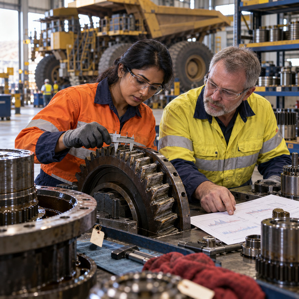 Engineers measuring drivetrain wear during teardown analysis