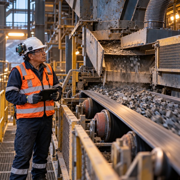 Engineer Inspecting Ore Flow at a Conveyor Transfer Point