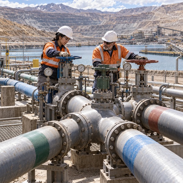 Mine Technicians Inspecting a Branching Water-Pipeline Manifold