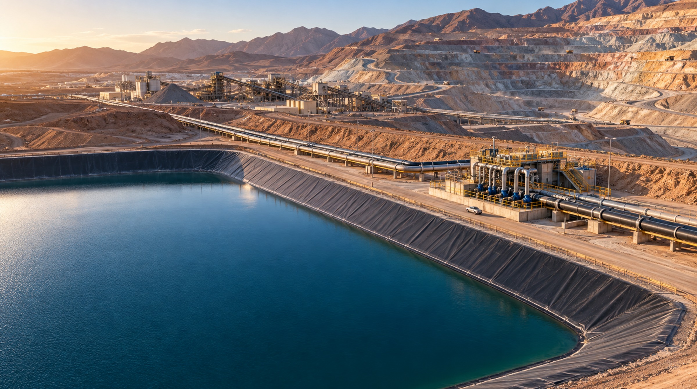 Mine-Area Reservoir, Pipelines and Pumping Infrastructure Beside an Open-Pit Copper Mine