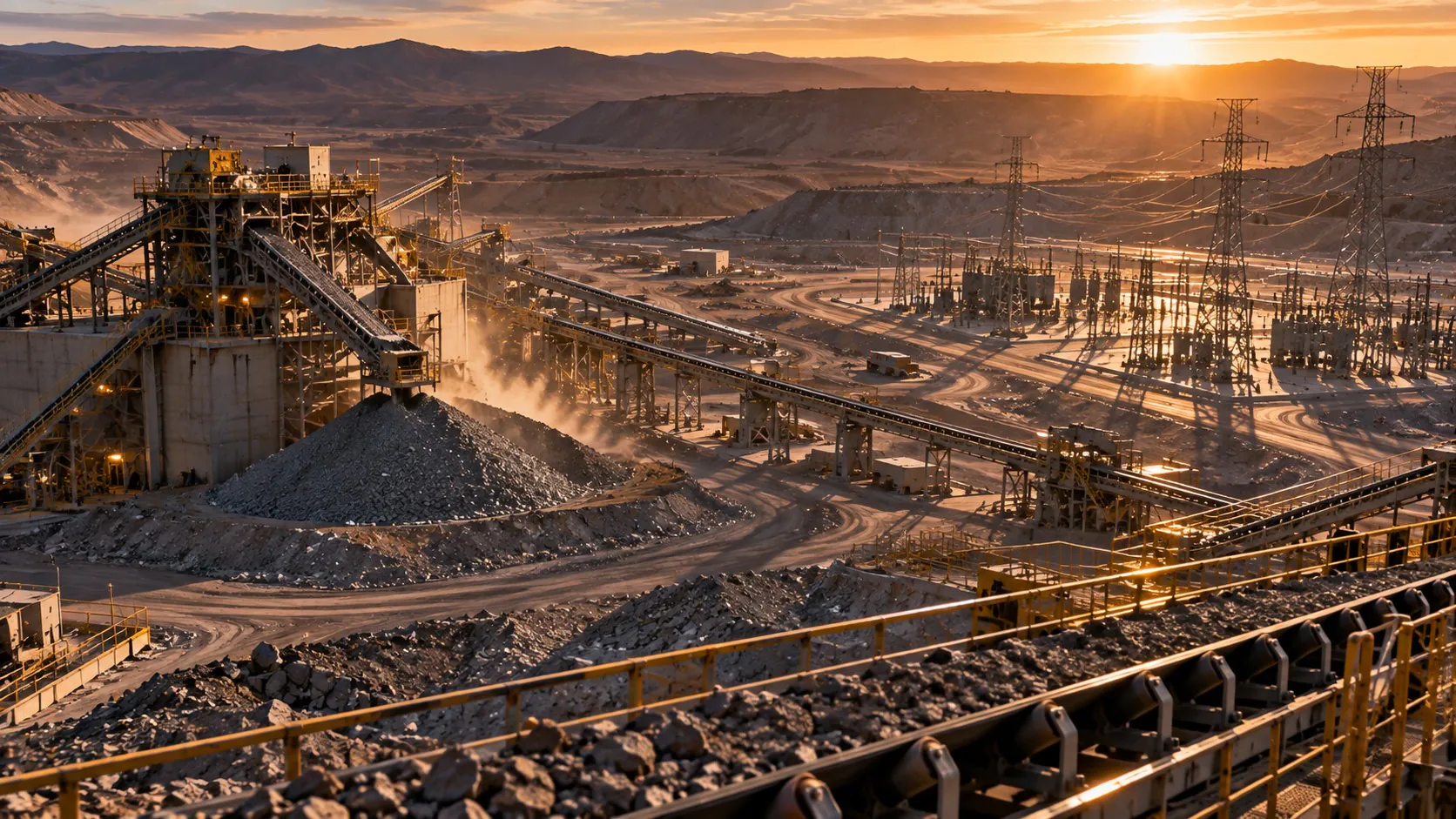 Mining Processing Plant and Electrical Infrastructure at Sunset