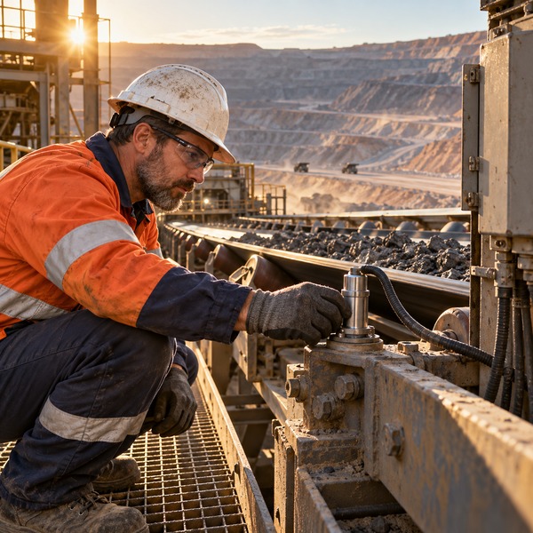 Maintenance Technician Inspecting a Local Conveyor Sensor Above an Open-Pit Mine
