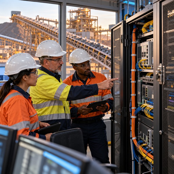 OT Security Team Reviewing Network Cabinets Beside the Concentrator