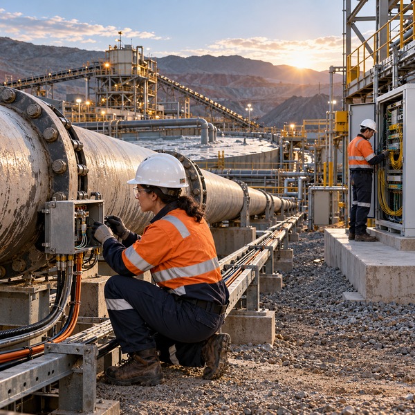 Field Engineers Tracing Signals from a Slurry Pipeline to the Network Cabinet