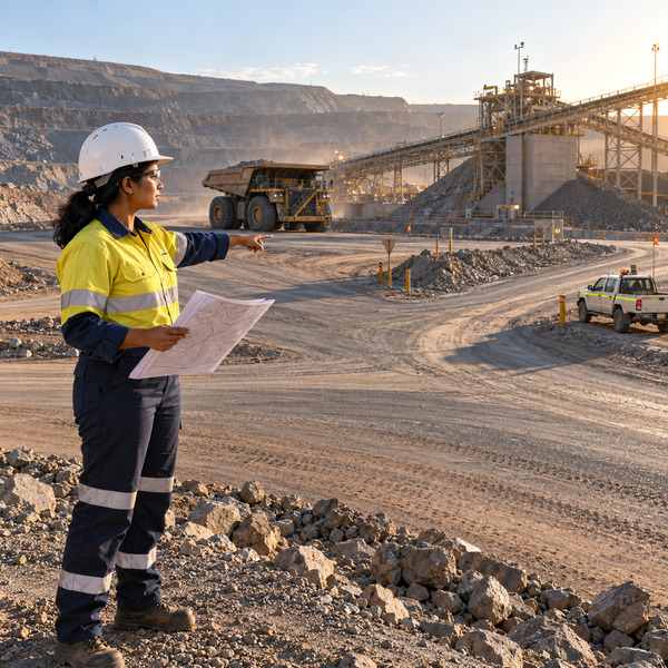 Mining safety engineer mapping vehicle paths at an open-pit haul-road intersection