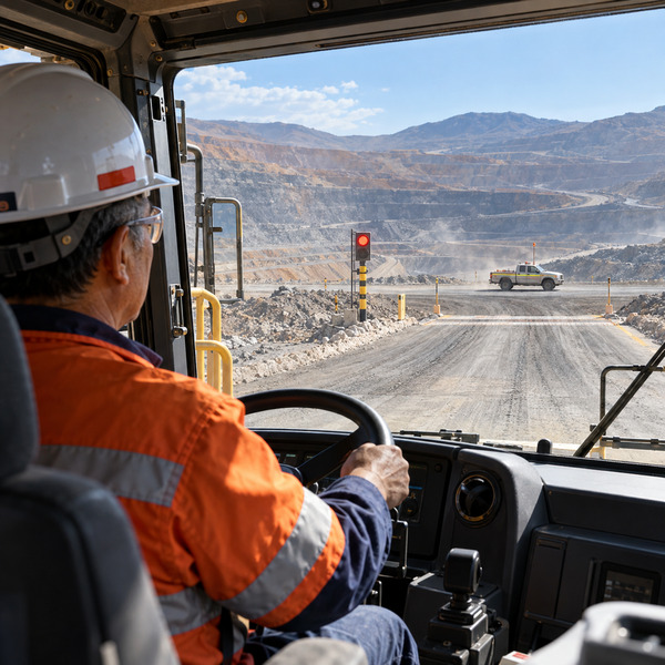 Haul-truck operator stopped at a controlled mine-road crossing