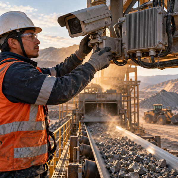 Edge camera and processing unit above a working ore conveyor