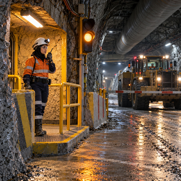 Underground mine access controlled by a safety beacon and refuge bay