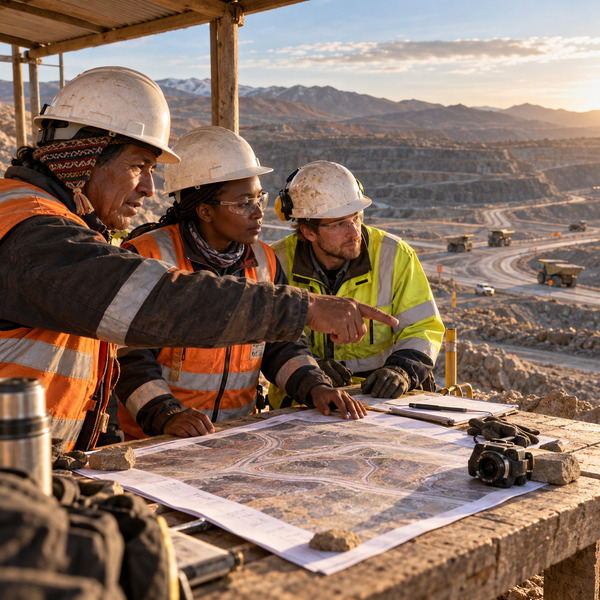 Mining team reviewing haul-road evidence beside the open pit