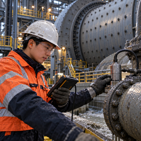 Reliability engineer inspects a grinding mill sensor during live production.