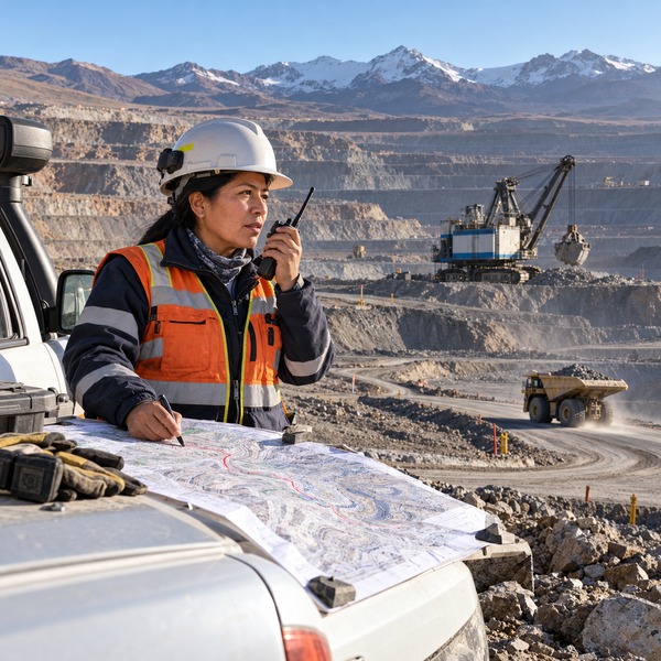 Dispatch route change beside an idle shovel and open-pit haul road