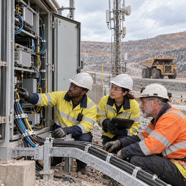 Field engineers tracing network dependencies across a mining operation